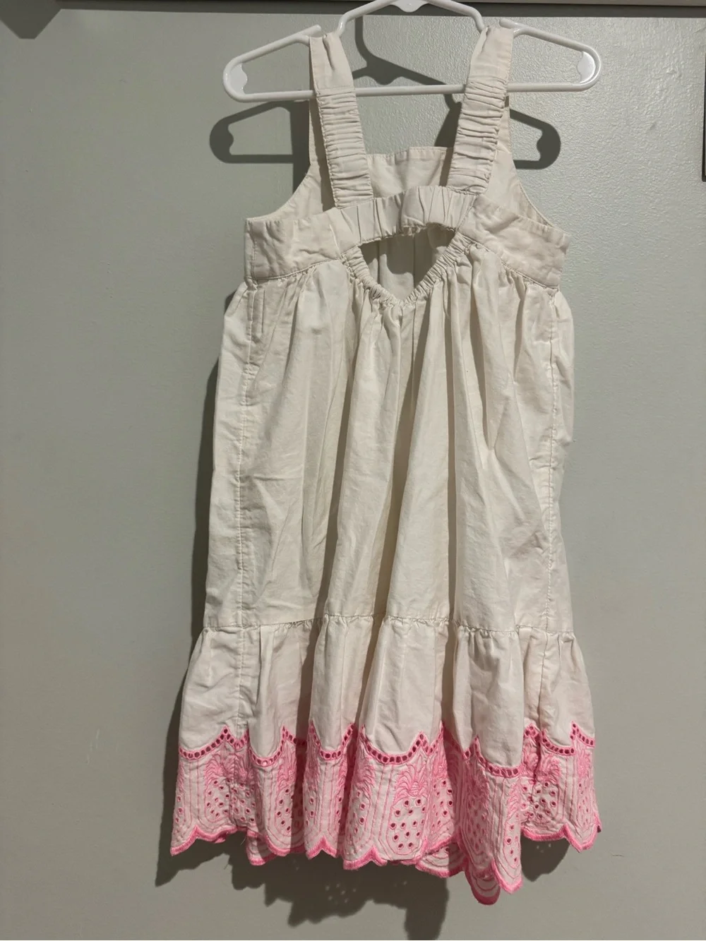Girls size 6/7-White Cotton Sundress with Pink Pineapple Embroidered Hem